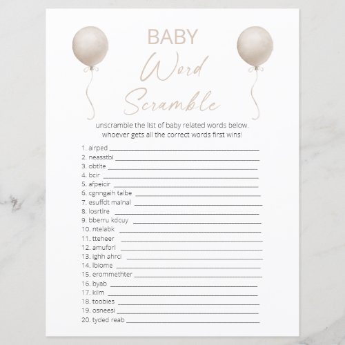 Beige Balloon Baby Shower Word Scramble