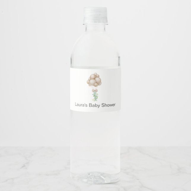 Beige Balloons Baby Shower Water Bottle Label (Front)