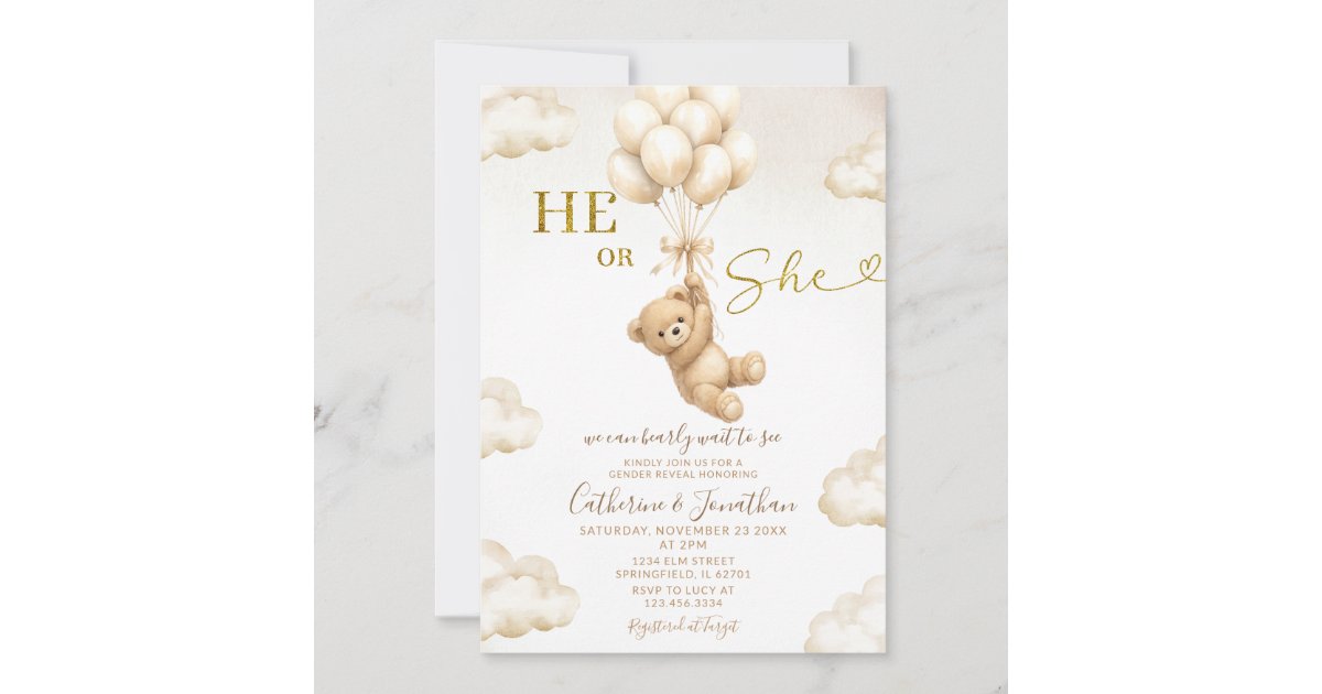 Beige Balloons Clouds He Or She Bear Gender Reveal Invitation | Zazzle