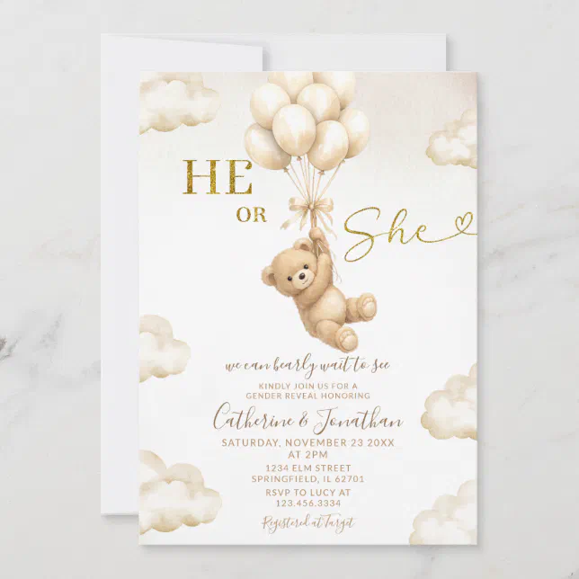Beige Balloons Clouds He Or She Bear Gender Reveal Invitation | Zazzle