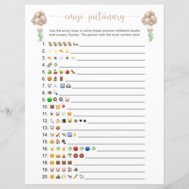 Beige Balloons Emoji Books Baby Shower Game (Front)
