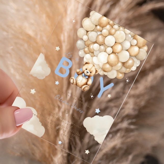 Beige Balloons Teddy Bear Boy Modern Baby Shower Acrylic Invitations (Creator Uploaded)