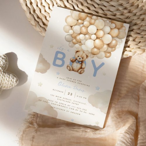 Beige Balloons Teddy Bear Boy Modern Baby Shower Invitation