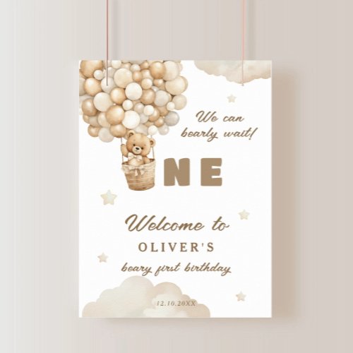 Beige Balloons Teddy Bear First Birthday Welcome Poster