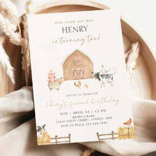 Beige Barn 2nd Birthday Farm Animals Party Invitation