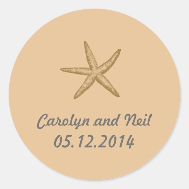 Beige Beach Themed Starfish Wedding Favor Classic Round Sticker (Front)