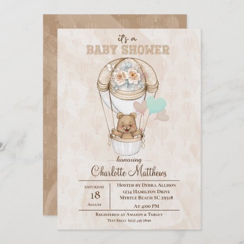    Beige Bear Hot Air Balloon Baby Shower Invitation