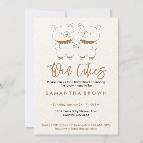 Beige Bear Twins Baby Shower Invitation