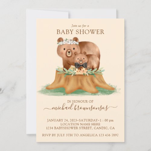 Beige Bear Watercolor Mommy Baby Shower Boy Invitation