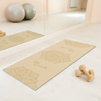 Beige Beautiful Mandala With Custom Name Yoga Mat