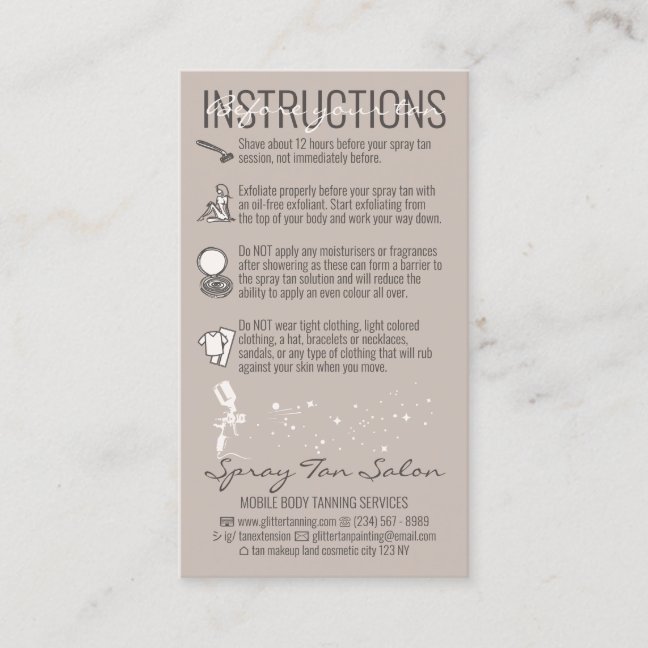 Beige Before After Care Instruction Spray Tan Business Card