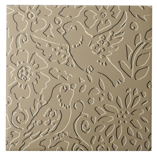 Beige Birds Emboss Woodland Floral Foliage Elegant Ceramic Tile