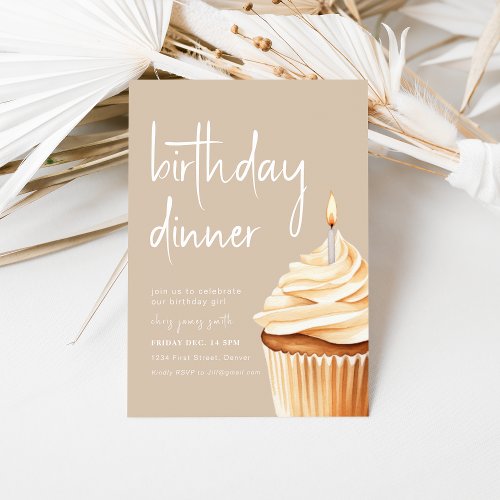 Beige Birthday Dinner with Cupcake Invitation