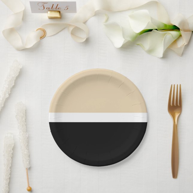 Beige Black Abstract Stripe Paper Plates (Wedding)
