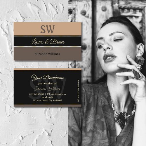 Beige Black and Brown Stripes Modern with Monogram Business Card
