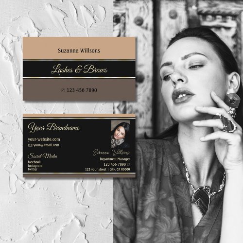 Beige Black and Brown Stripes with Photo Stylish Business Card