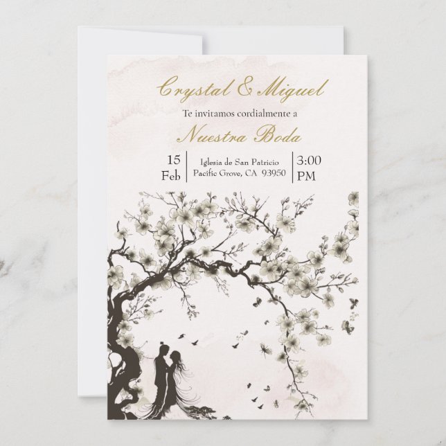 Beige black and white wedding invitation  (Front)