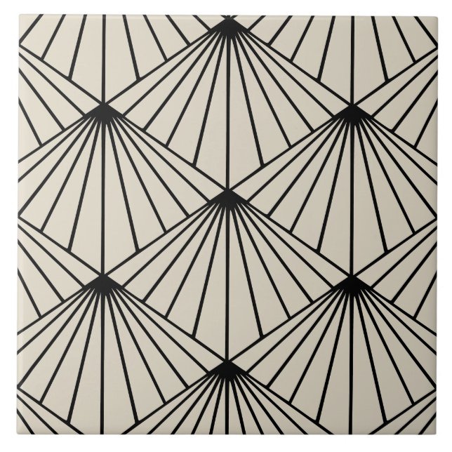 Beige & Black Art Deco Fan Pattern Diamond Ceramic Tile (Front)