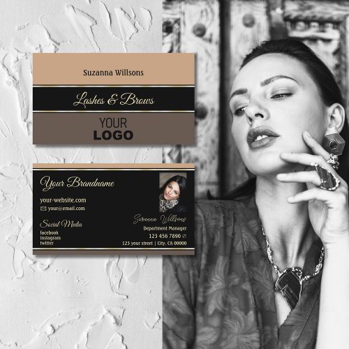 Beige Black Brown Stripes Chic with Logo and Photo Business Card