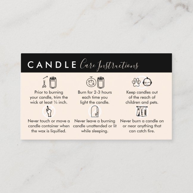 Beige Black Candle Care Instructions Business Card