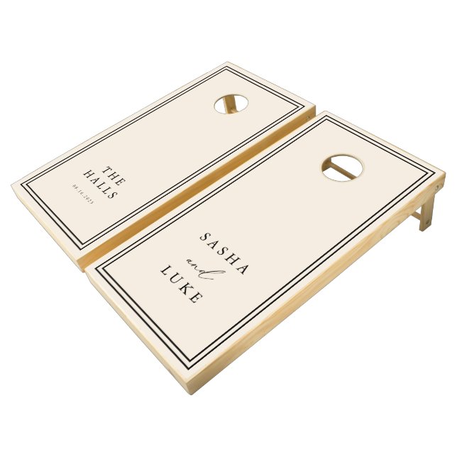 Beige & Black Custom Minimalist Personalized Cornhole Set (Angled)