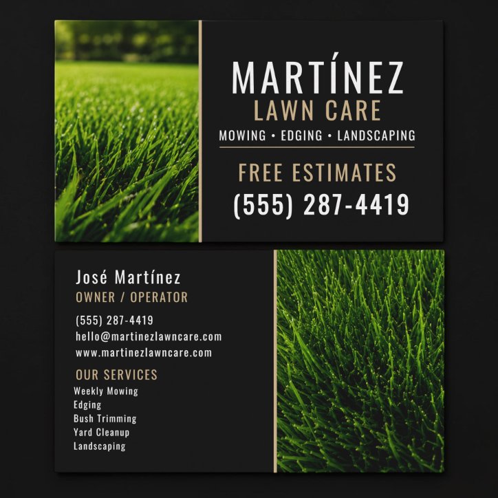 Beige Black Green Grass Lawn Service Landscaping Business Card