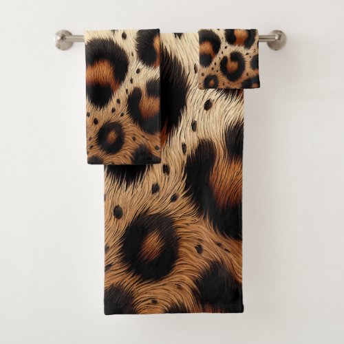 Beige  Black Leopard Fur Animal Print Spots  Bath Towel Set