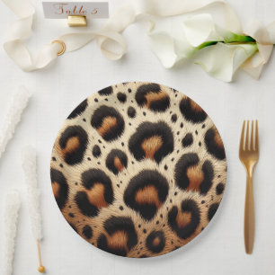 Beige & Black Leopard Fur Animal Print Spots  Paper Plates
