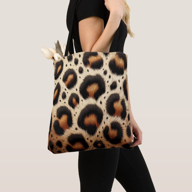 Beige & Black Leopard Fur Animal Print Spots  Tote Bag (Close Up)