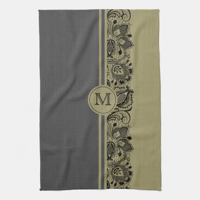 Beige & Black Natural Linen & Black Lace 2 Towel (Vertical)