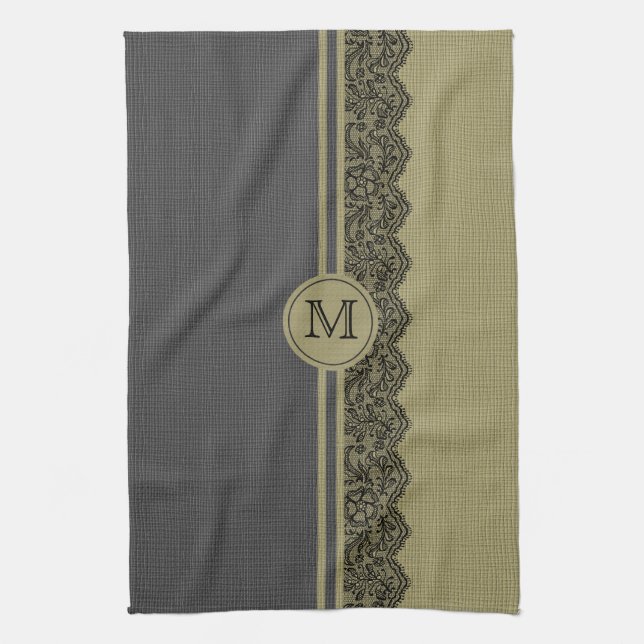 Beige & Black Natural Linen & Black Lace Kitchen Towel (Vertical)