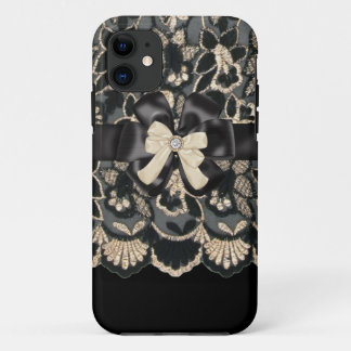 Beige & Black Rhinestone,Bows & Lace iPhone4 Case