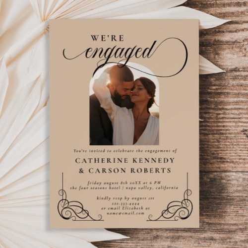 Beige  Black Script Calligraphy Engagement Party Invitation