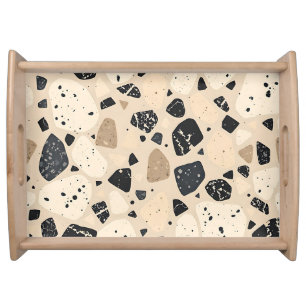 Beige Black Terrazzo Pattern Neutral Abstract  Serving Tray