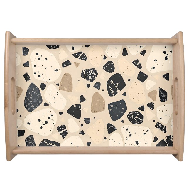 Beige Black Terrazzo Pattern Neutral Abstract  Serving Tray (Front)