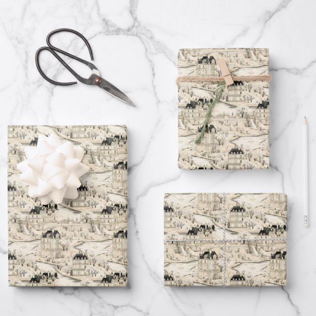 Beige & Black Toile Wrapping Paper Sheets (Front)