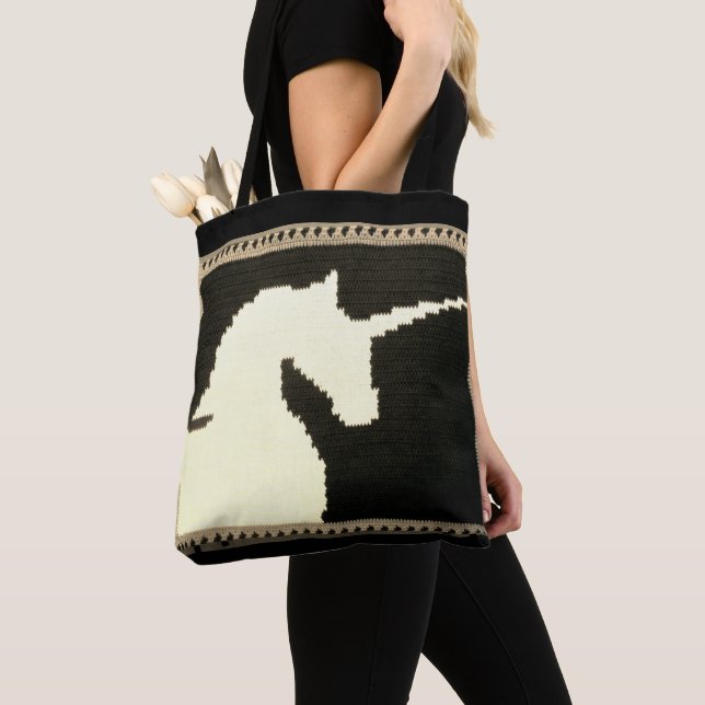 Beige Black Unicorn Profile Artisan Crochet Print Tote Bag (Close Up)