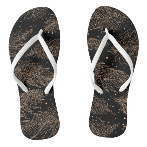 Beige black vintage feather pattern flip flops