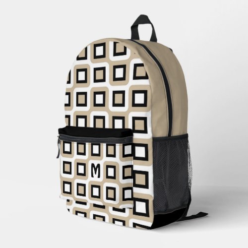 Beige Black White Midcentury Geometric Art Pattern Printed Backpack