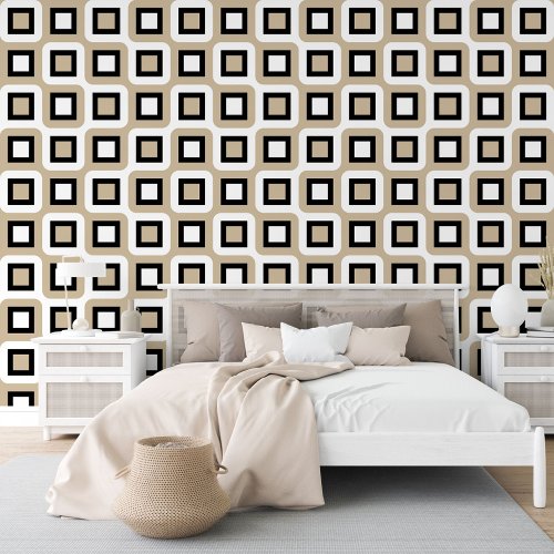 Beige Black White Midcentury Geometric Art Pattern Wallpaper