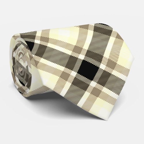 Beige Black White Tartan Plaid Pattern Neck Tie