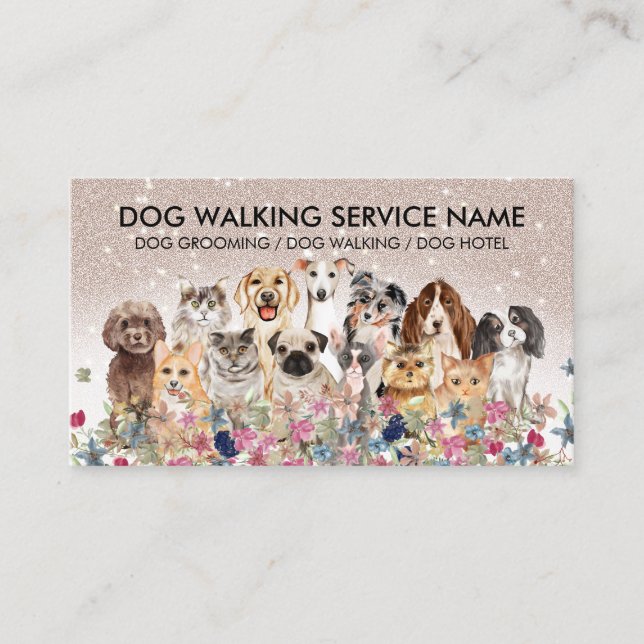 Beige Bling Cute Dogs Cats Business Card (Front)