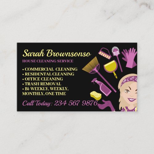 Beige Blonde Hair Woman Janitorial House Cleaning Business Card