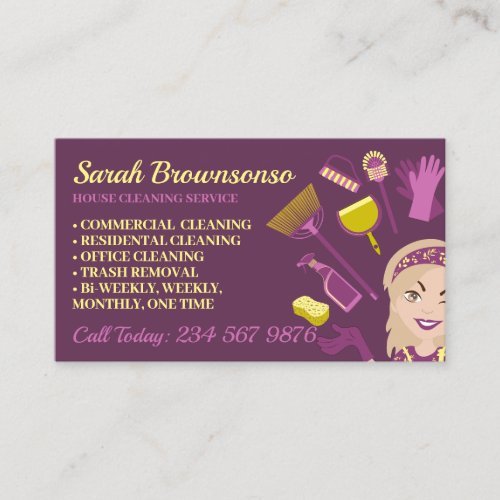 Beige Blonde Purple Woman Janitorial House Clean Business Card