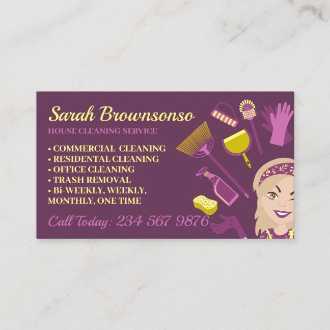 Beige Blonde Purple Woman Janitorial House Clean Business Card