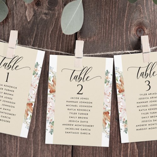 Beige Blooms Seating Plan Cards with Guest Names