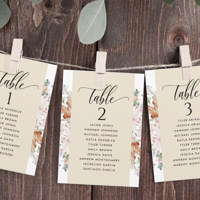 Beige Blooms Seating Plan Cards with Guest Names (Creator Uploaded)