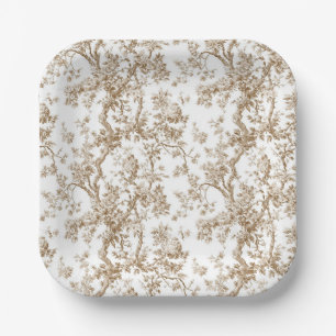 Beige Blossoming Tree Toile Paper Plates