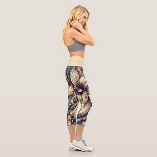 Beige Blue Abstract Floral Yoga Activewear Capri Leggings