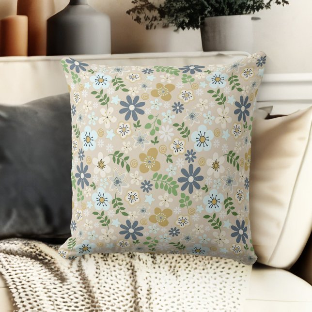 Beige Blue And Gold Floral Daisies Couch Throw Pillow (throw pillow for living room floral couch throw pillow grey, blue and beige)
